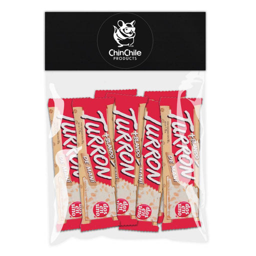 Una bolsa de Turrón de Maní con temática ChinChile que contiene 7 barras de caramelo.