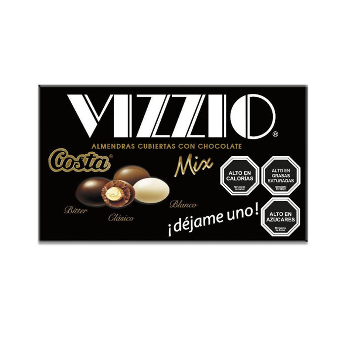 Una caja negra de mezcla de frutos secos cubiertos de chocolate Vizzio.