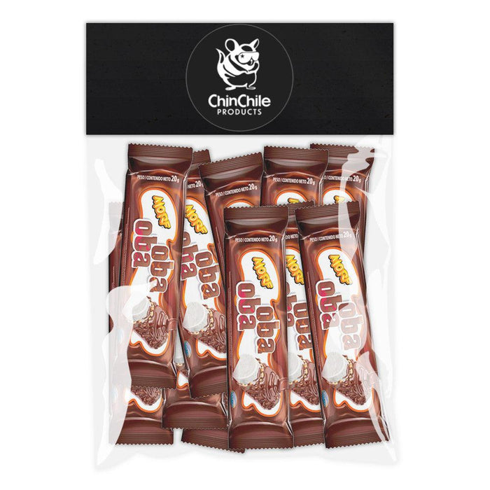 Bolsa transparente de 10 unidades de barritas de chocolate con malvavisco Oba Oba en envase marrón.